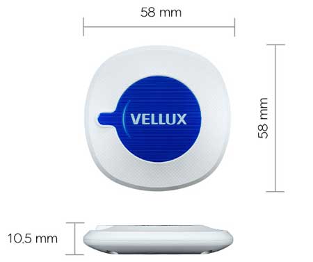 Vit serviceknapp med en blå knapp och mått